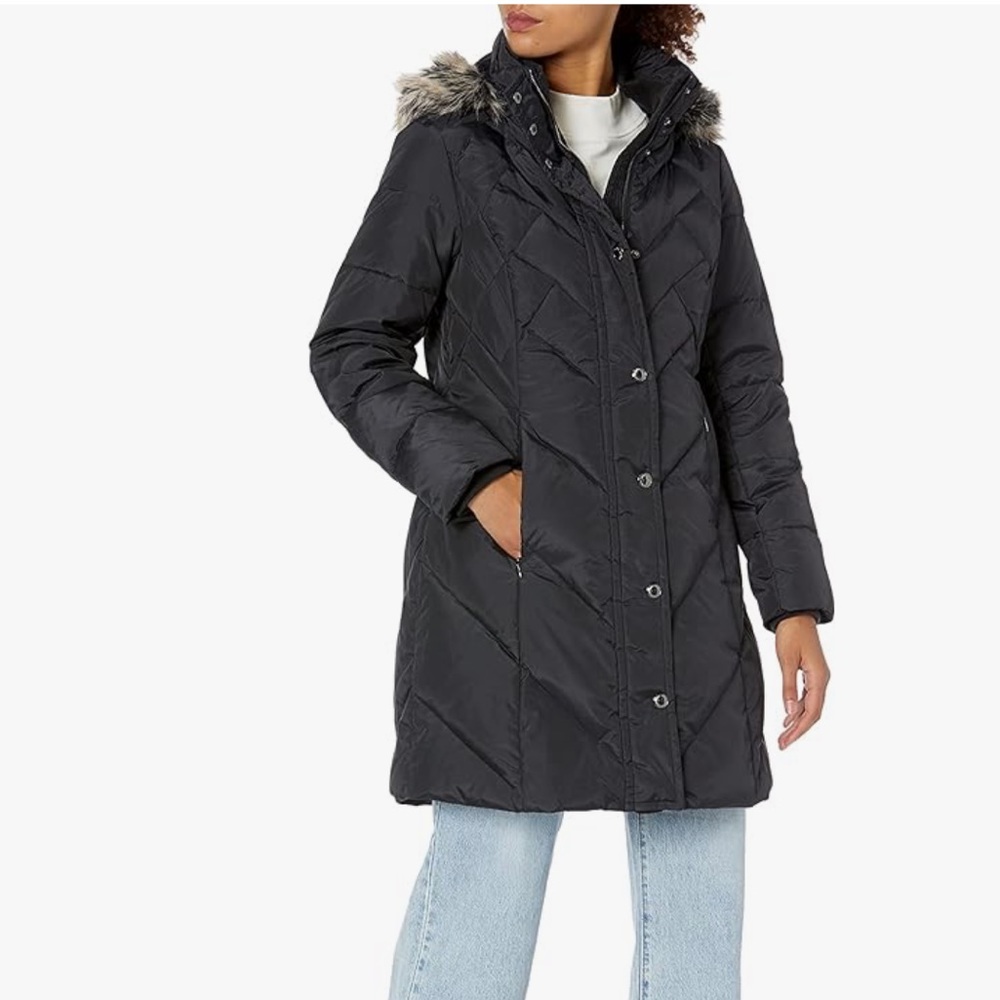 NWOT LONDON FOG 36" Snap Front Down Coat with Multi Pattern Quilt and Ho…